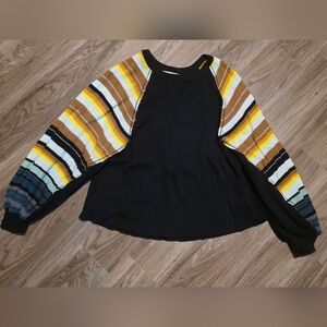 We The Free Black Tee with Striped Sleeves